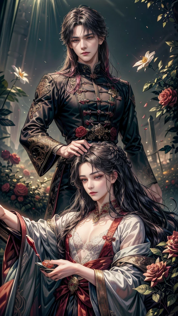 (Absurdres, Highres, Ultra Detailed, HDR)
Best quality picture of a detailed character with handsome looks, korean face, long hair, anime eyes, smirking face, small waist .
Intricate and detailed jewerly and flowy silk outfit,
Detailed garden setting background, colorful roses scenery,
Art kenouji
Tim Burton theme.
Intricate details.
Masterpiece