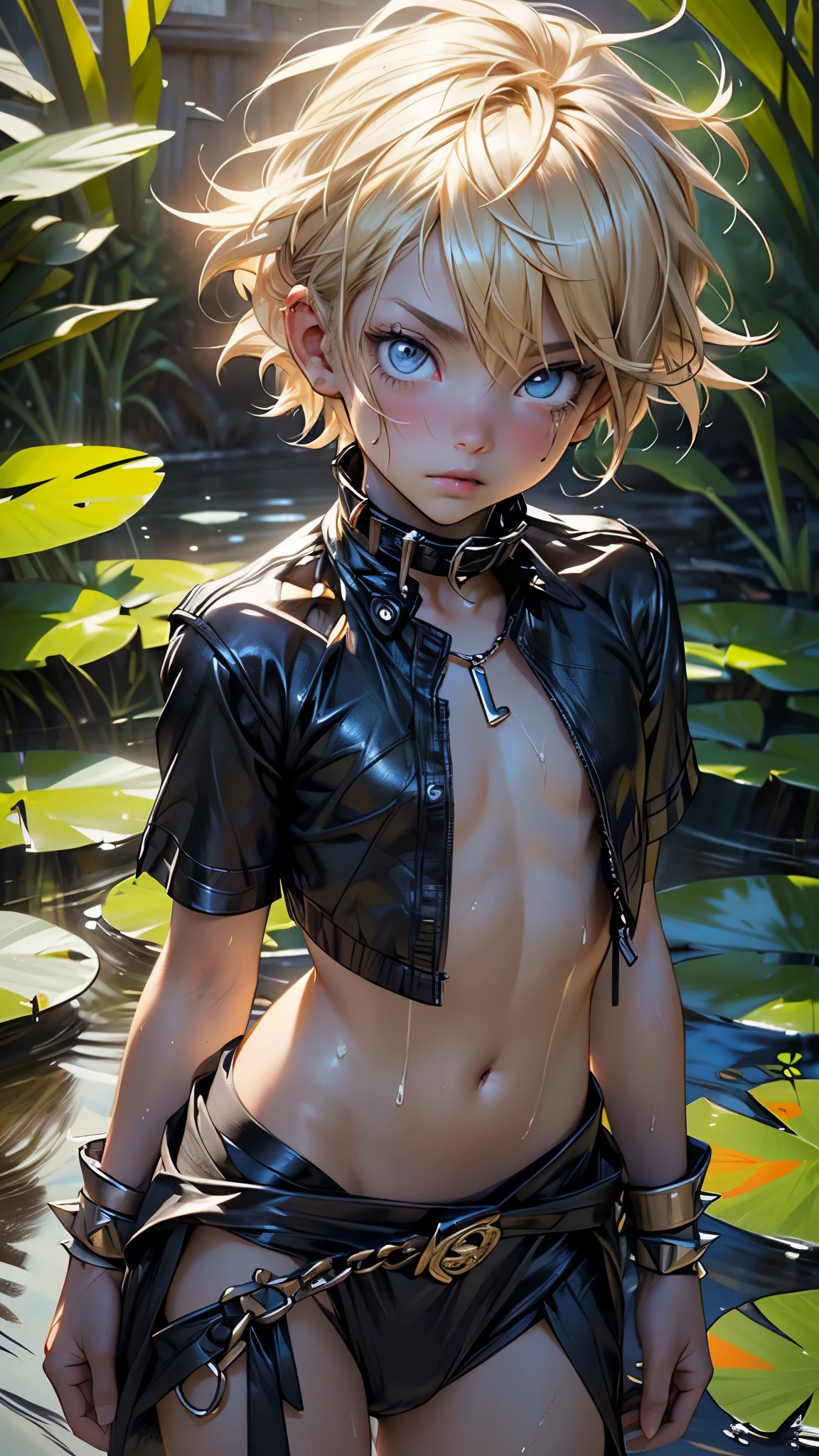 ********** tribal,(((**********,boy,kid,kid only,,1boy,male gender))),((((***********)))),

child's chest,(((blonde hair,punk hair,colored inner hair))),((yellow_eyes:1.3))),intricate eyes,beautiful detailed eyes,symmetrical eyes,big eyes:1.5,(((black skin,dark skin,lustrous skin:1.5,tanned skin,bright skin: 1.5,skin tanned,shiny skin,very shiny skin,shiny body))),(((kid body,a little chubby,good anatomy,accurate body proportions,detailed shota body for young boy,))),(((detailed face and eyes))),

(nsfw),

((((bare chest,naked torso)))),(barefoot,),(((spiked dog collar,spiked collar,slave,slave collar,Long chain leash connected to her collar,shackles,loincloth,bulge in loincloth))),((torn clothes,wet clothing,intricate outfit)),

dynamic pose,looking at viewer,(Serious),centered,scale to fit dimensions,Rule of thirds,

outdoors,overgrown,(overgrown background),scenery,extremely scenery,(puddles everywhere,moss,moss on the background),clouds,lily pads,palms,reeds,(sunset, golden hour),

(Glossy Egyptian ornaments),highres,sharp focus,(ultra detailed,extremely detailed),(photorealistic artwork:1.37),(extremely detailed CG unity 8k wallpaper),(((vibrant colors,vibrant theme))),(intricate),(masterpiece),(best quality),artistic photography,(photography taken by sldr),(intricate background),perfect rendered face,perfect face details,realistic face,photo realistic,((intricate detail)),(((realism))),
