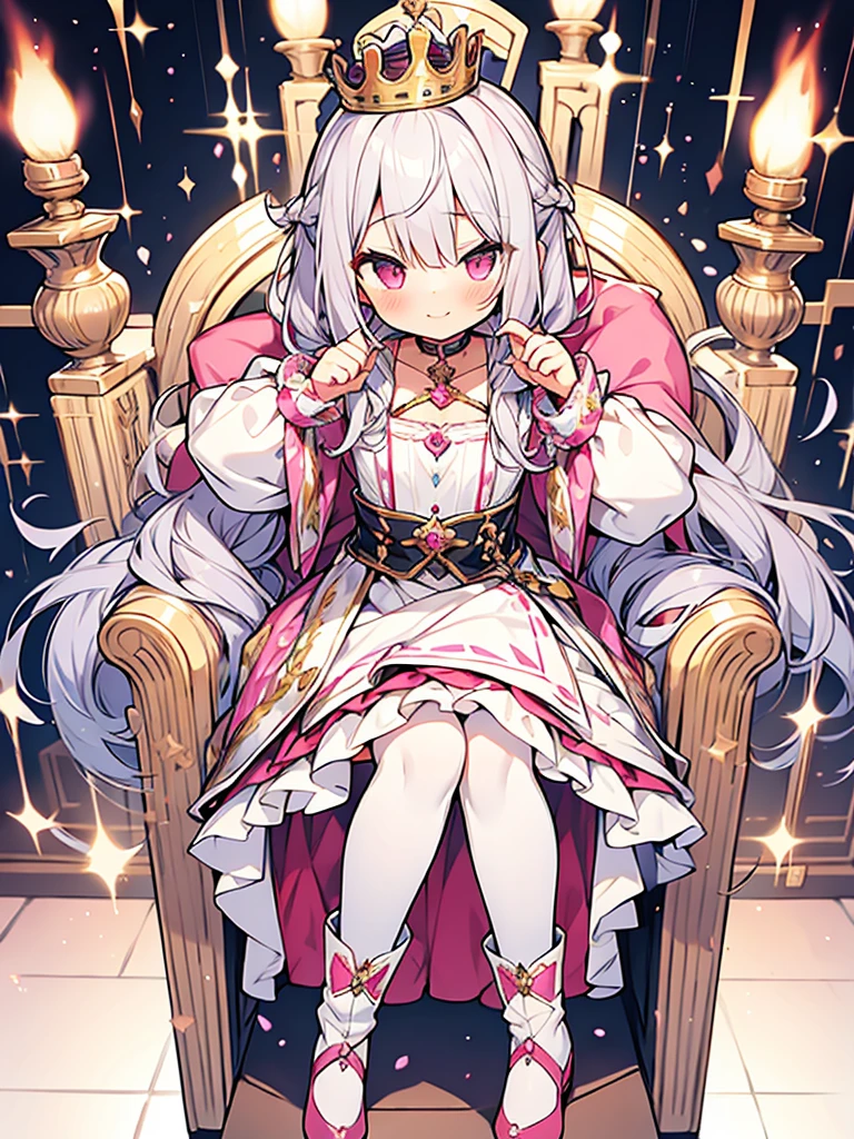 hyper cute shota,sit on throne,skirt,silver-drill-hair with pink-metal-crown,mischievous,gyaru style clothes,