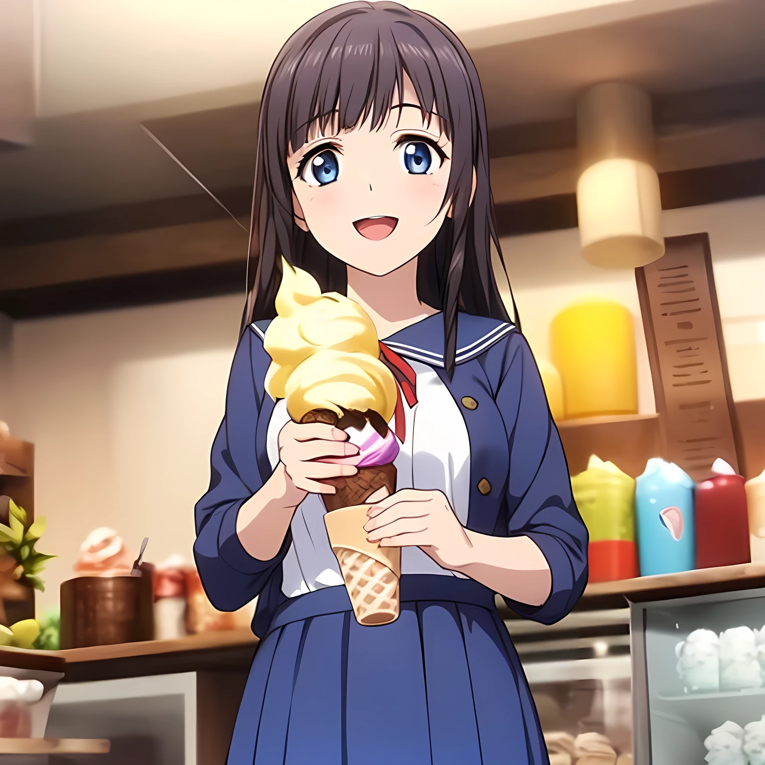 (highest quality, masterpiece:1.2), highest quality, High resolution, 1080p, 8K, Game heroine CG, Height: 158cm, ((A beautiful game heroine stuffs her cheeks with a big soft serve ice cream)), A face that everyone loves, Glossy lips, Even bangs, Double, Long eyelashes on both the top and bottom, Squinting, smiling blue eyes, The very large and thick yellow ribbon bowtie is very cute., ((Black Hair)), Beautiful, shiny, long black hair, ((A long, neat, dark navy pleated skirt)), (((A long-sleeved navy blue sailor uniform for winter, all dark blue in color))), ((Navy blue jacket)), Smiling, slightly open mouth like a game heroine, Ribbon in hair, Tight waist, The background is a blank white space, ((Blur the background))