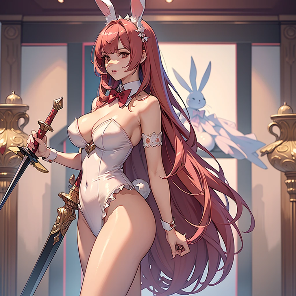 ((best quality)), ((masterpiece)), (detailed),High quality, Ultra detailed, best quality, insanely detailed, beautiful, masterpiece,(1 tall woman),20s,((Bunny girl)), pink bunny suit,Holding a bow,(red bob hair), a sword,bunny warrior