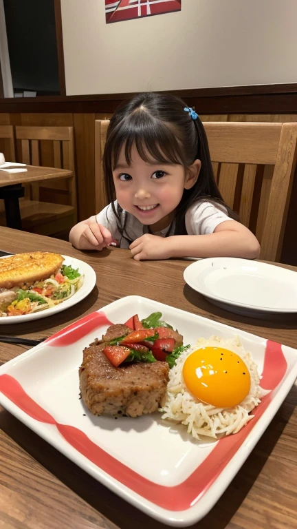 (8k, RAW photo, best quality, masterpiece:1.2), High detail RAW color photo, professional photograph, (realistic, photo realistic:1.37), ((best quality)),(a very beautiful and very cute ),(the girl is 5 years oldl looks happy when she sees a rectangular lunch plate for on a table),(the lunch plate places on a single cute patterned plate with small separate servings of hamburg steak and spaghetti and omelette and salad and fried rice with a toothpick shaped like the Japanese flag and pudding),at a family restaurant,