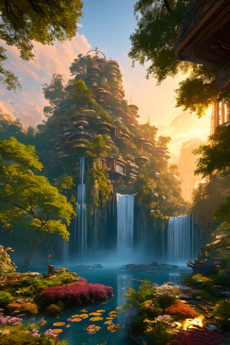 Science Fiction, Cities stempunk futuristic design large city, a artificial waterfall and a pond with colorful flowers in the middle, nature meets forest architecture, built inside dark forest, real nature, realistic image, steampunk technology, steampunk architecture, luxury architecture, realistic photography, epic and stunning, architectural visualization, epic architecture, 8k, higly detaiked and texture, ultra hd, ultra detailed, HDR style, rays light, golden hour
