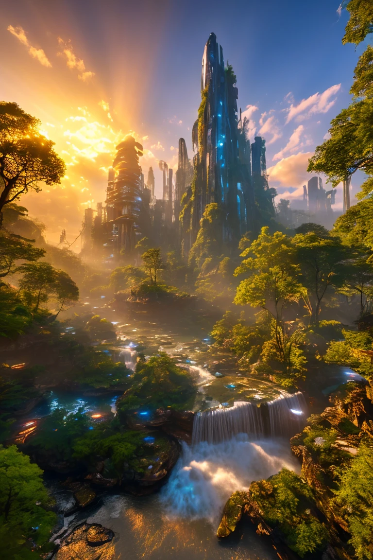 Science Fiction, Cities stempunk futuristic design large city, a artificial waterfall and a pond with colorful flowers in the middle, nature meets forest architecture, built inside dark forest, real nature, realistic image, steampunk technology, steampunk architecture, luxury architecture, realistic photography, epic and stunning, architectural visualization, epic architecture, 8k, higly detaiked and texture, ultra hd, ultra detailed, HDR style, rays light, golden hour