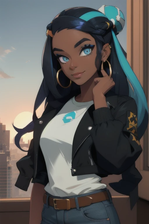 masterpiece, best quality, highly detailed, (Detailed face:1.2), (Detailed eyes:1.2), 1girl, solo, (nessa_pokemon:1.3), dark-skinned female, dark skin, blue eyes, aqua eyes, long hair, black hair, blue hair, aqua hair, multicolored hair, two-tone hair, hair bun, single hair bun, eyeshadow, slim feminine figure, arrogant smile, medium breasts, looking at viewer, standing, opened red jacket, white tank-top, ((midriff)), medium breasts, cleavage, tight blue denim pants, belt, hoop earrings, cowboy shot, cinematic composition, outdoors, city street