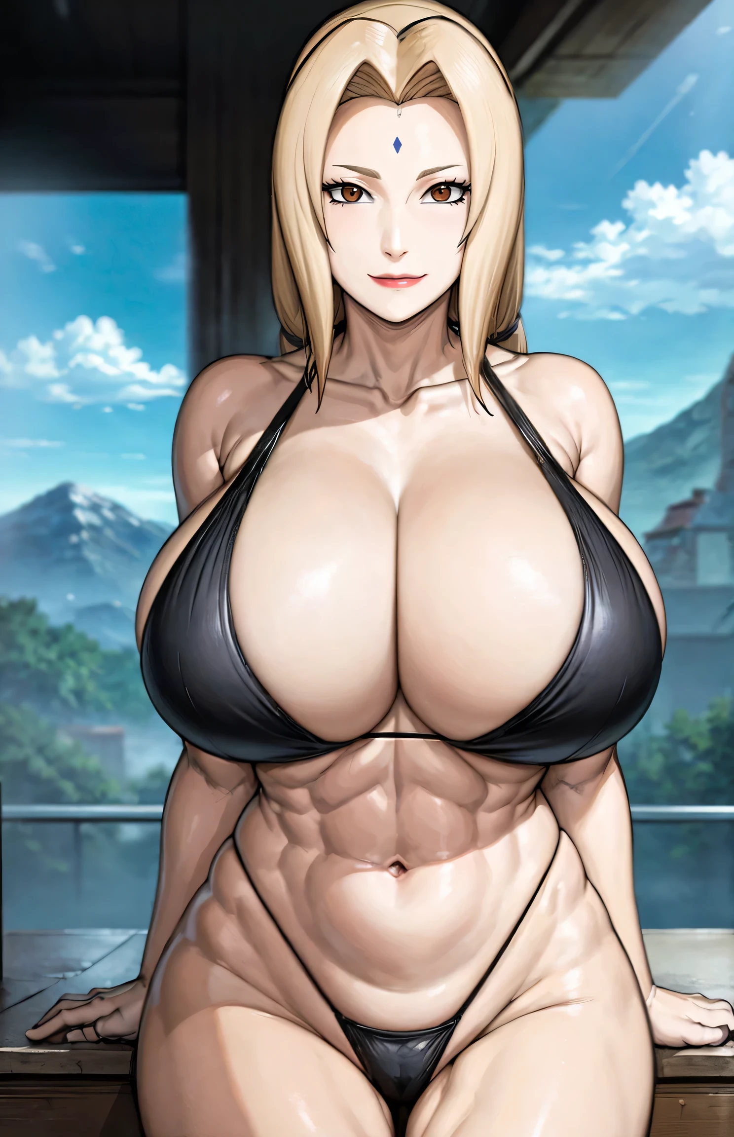 (huge tits), cleavage, good anatomy, masterpiece, best quality, 4k, 8k, professional photography, soft light, sharp focus, 1 girl,  blonde hair, short blous,visible midriff ,(mountain), clouds, blonde hair, parted banks, detailed face+brown eyes, smile, closed lips, lipstick, windows,(full bodyshot), (deep navelshow :1.5),toned abs,(oval shaped deep and long navel), alluring poses,(front view photo shoot),(panty),Very deep navel