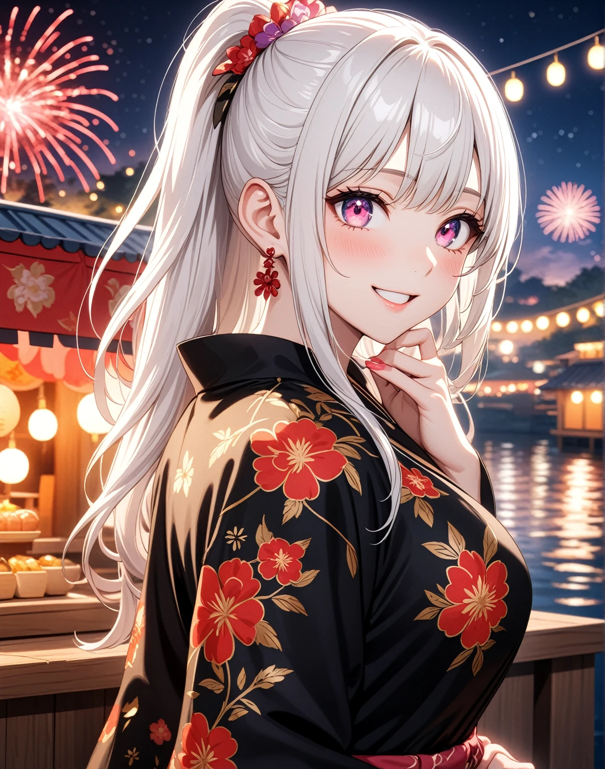 ((one personの女性)), Beautiful Face,Laughing embarrassedly,Laughing with your mouth open,Bright red cheeks,Glossy pink lips,night,Festival stalls on the riverbank,firework,((Anime style background)),masterpiece, highest quality, so beautiful, Latest, Complex details, (Pink long nails),AI-generated, Complex,High resolution, highest quality, super high quality,3D Images、View your viewers、3D Images,one person,Long white hair,High Ponytail,blue eyes,Anime woman posing for a photo, (Fine grain、Colorful eyes、Shining Eyes:1.2),(Squint your eyes:1.1),a hyperRealistic , hyperRealistic , Realistic,Anime woman with long and white hair, Smooth anime CG art, A woman in a colorful kimono with gold embroidery, (Black kimono),Red floral pattern,Long flower hair ornament,Big earrings,,Mature Body,(Big Breasts:1.1)Tall,Big Ass,Fine details,Narrow waist,(Face close-up:1.5),Bevel the background,Putting your hands on the railing