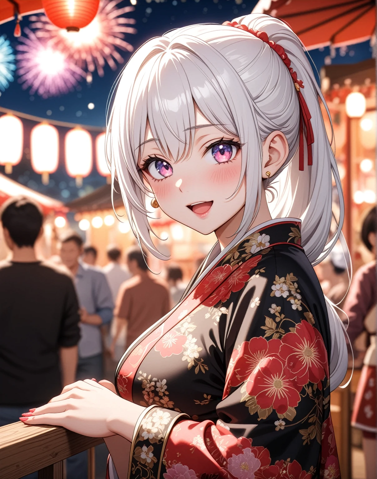 ((one personの女性)), Beautiful Face,Laughing embarrassedly,Laughing with your mouth open,Bright red cheeks,Glossy pink lips,night,Festival stalls on the riverbank,firework,((Anime style background)),masterpiece, highest quality, so beautiful, Latest, Complex details, (Pink long nails),AI-generated, Complex,High resolution, highest quality, super high quality,3D Images、View your viewers、3D Images,one person,Long white hair,High Ponytail,blue eyes,Anime woman posing for a photo, (Fine grain、Colorful eyes、Shining Eyes:1.2),(Squint your eyes:1.1),a hyperRealistic , hyperRealistic , Realistic,Anime woman with long and white hair, Smooth anime CG art, A woman in a colorful kimono with gold embroidery, (Black kimono),Red floral pattern,Long flower hair ornament,Big earrings,,Mature Body,(Big Breasts:1.1)Tall,Big Ass,Fine details,Narrow waist,(Face close-up:1.5),Bevel the background,Putting your hands on the railing