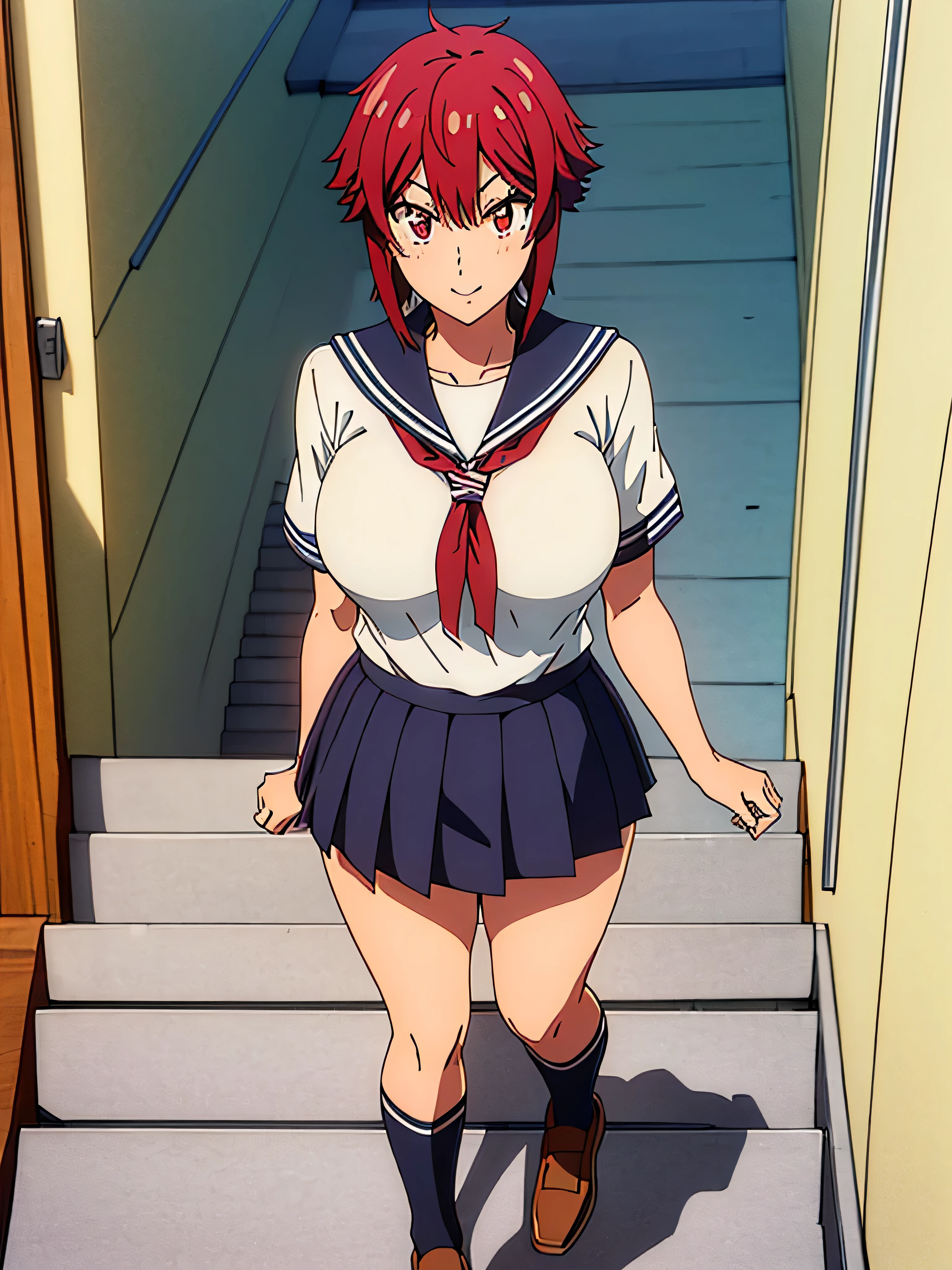 (masterpiece, best quality, ultra HD anime, super high resolution, 1980s /(style/), retro art style, clean brush strokes, highly detailed, perfect anatomy, NSFW-14, uncensored), ((Aizawa Tomo)), 1 girl, solo, (red hair, short hair, short hair with flipped out hair, thick bangs parted in the middle, long thick sideburns, hair blowing in the wind), beautifully cut eyebrows, (beautiful eyes drawn in detail), red eyes, mouth wide open, smiling, cowboy shot, (big breasts: 1.3, (sailor suit, short sleeves)), thin waist: 0.4, wide hips 0.5, (mid skirt: 1.0, in school uniform), (sitting on stairs), looking at viewer, (school background, hallway, stairs on hill), full body shot, shot from above,