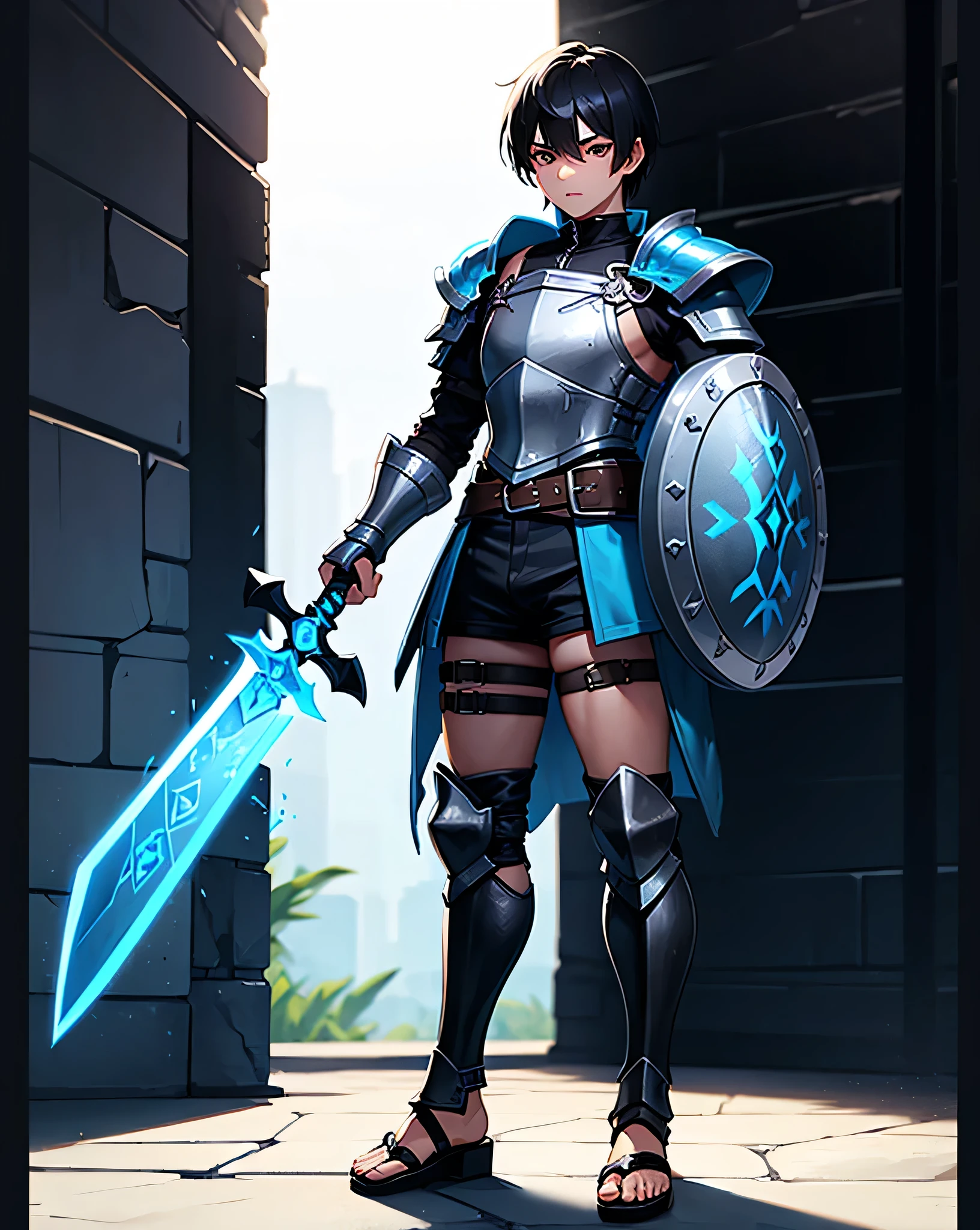  Young boy with black hair and brown eyes, dressed in short neon-blue blue medieval barbarian clothes, shorts, blue battle armor, weilding silver sword and shield, sandals; fullbody; short hair, masculine