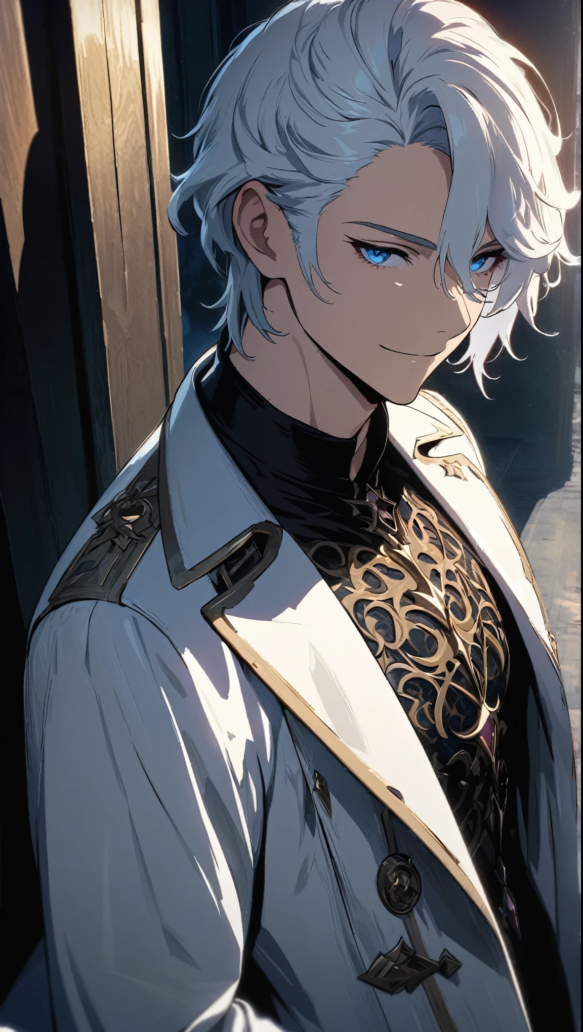 (masterpiece, highest quality), Very detailed, highest quality, Official Art, beautifullyて美しい: 1.2),beautifully，(1. Handsome Man)，Copyright，alone，White shorthair， (blue eyes), (A gentle yet distant smile)，Perfect Face，White trench coat，Black Shirt，Intricate clothing design，expensive，8k，Beautiful contrast of light and shadow，Positive face，Pretty face，Moire Background，Noble，Dark ornamental background，((White flower))，Gorgeous Background，snow，Luxury Suite，Night view、On my knees、Enchanted、Charm、Light shines in、church、gem