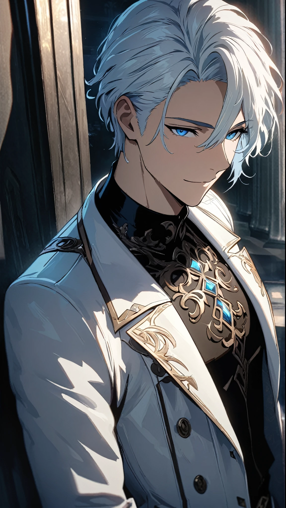 (masterpiece, highest quality), Very detailed, highest quality, Official Art, beautifullyて美しい: 1.2),beautifully,(1. Handsome Man),Copyright,alone,White shorthair, (blue eyes), (A gentle yet distant smile),Perfect Face,White trench coat,Black Shirt,Intricate clothing design,expensive,8k,Beautiful contrast of light and shadow,Positive face,Pretty face,Moire Background,Noble,Dark ornamental background,((White flower)),Gorgeous Background,snow,Luxury Suite,Night view、On my knees、Enchanted、Charm、Light shines in、church、gem