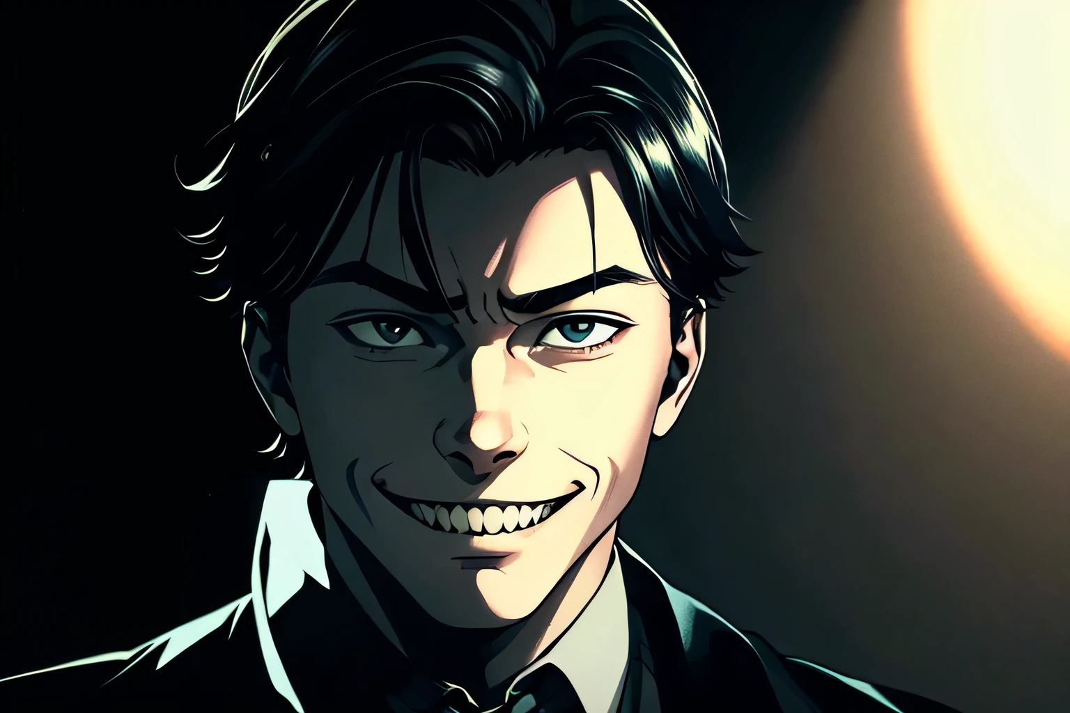 1boy, He has a macabre malicious smile, psychopathic expression by the spectator, dark backdrop, student, 20 years old