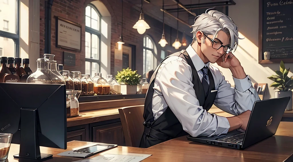 Window side　Cafe　coffee　handsome man with glasses　Work on a computer　Silver Hair