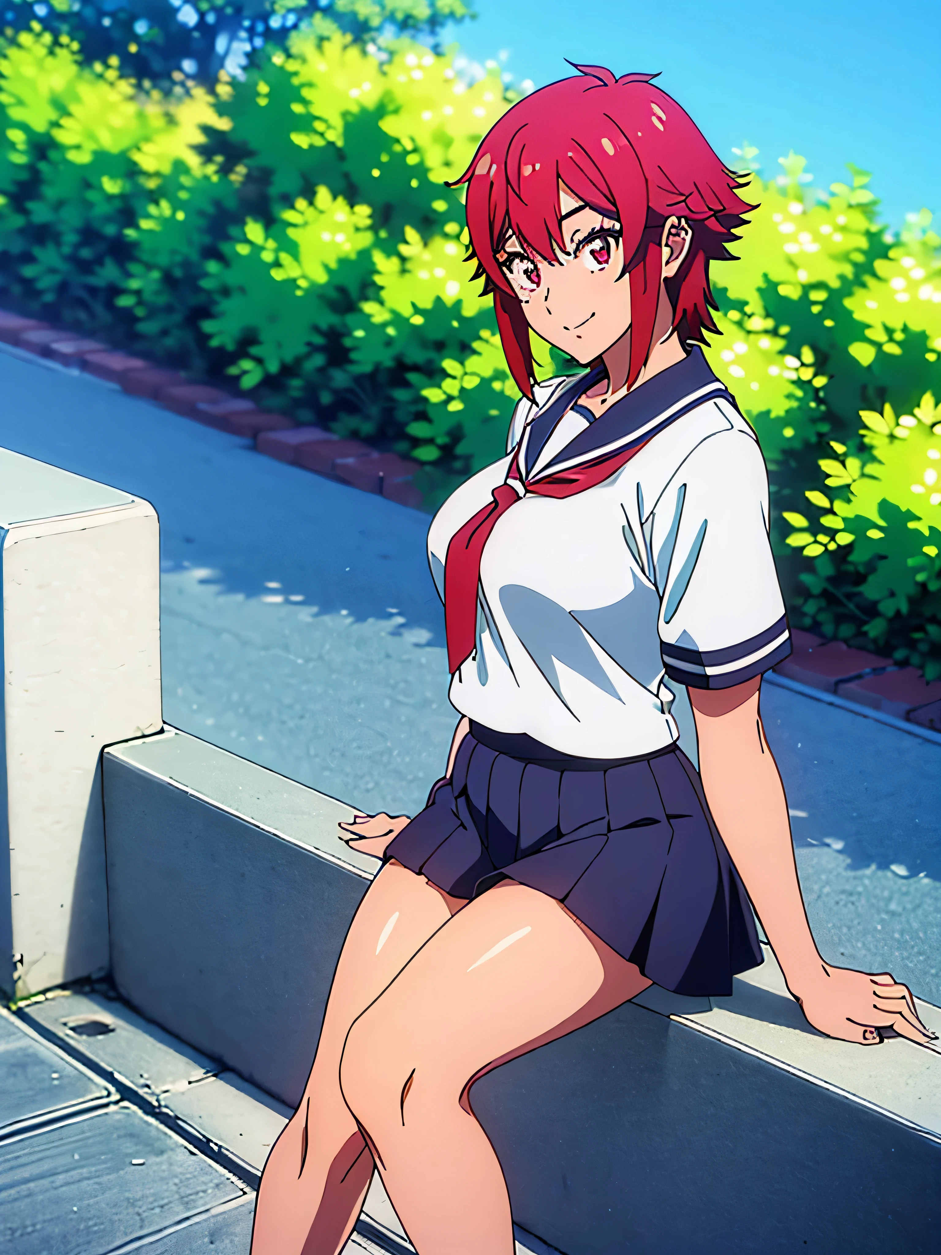 (masterpiece, best quality, ultra HD anime, super high resolution, vibrant colors: 1.0, anime style, 1980s /(style/), retro art style, clean brush strokes, highly detailed, perfect anatomy, NSFW, uncensored), ((Aizawa Tomo)), 1 girl, solo, (red hair, short hair, short hair with flicked outwards, thick bangs parted in the middle, long thick sideburns, hair blowing in the wind), beautifully cut eyebrows, (beautiful eyes drawn in detail), red eyes, mouth wide open, smiling, cowboy shot, (big breasts: 1.5, (sailor suit, short sleeves)), thin waist: 0.4, wide hips: 0.5, (mid-length skirt: 1.0, school uniform), (sitting on stairs), looking at viewer, (sky, park, stairs on hill), full body shot, shot from above,