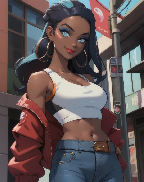 masterpiece, best quality, (Detailed face:1.2), (Detailed eyes:1.2), solo, 1girl, nessacasual, dark skin, makeup, smile, looking at viewer, standing, opened red jacket, white tank-top, ((midriff)), medium breasts, cleavage, tight blue denim pants, belt, hoop earrings, outdoors, city street