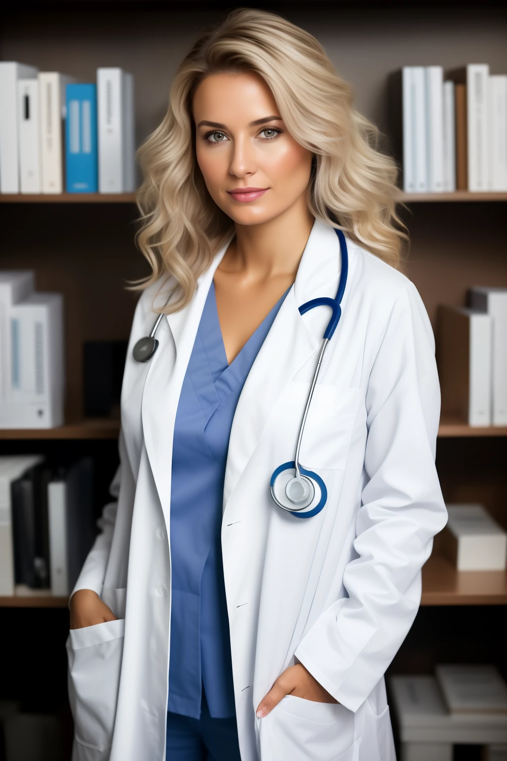 A close-up photo of a female doctor in a medical office. She is wearing a white lab coat with a stethoscope draped around her neck. The background features a well-organized medical office with bookshelves, medical equipment, and certificates on the wall, creating a professional atmosphere. The doctor has a warm and approachable expression, with neatly styled hair. The image is in high definition with clear lighting and no shadows, highlighting every detail of her face and lab coat.
