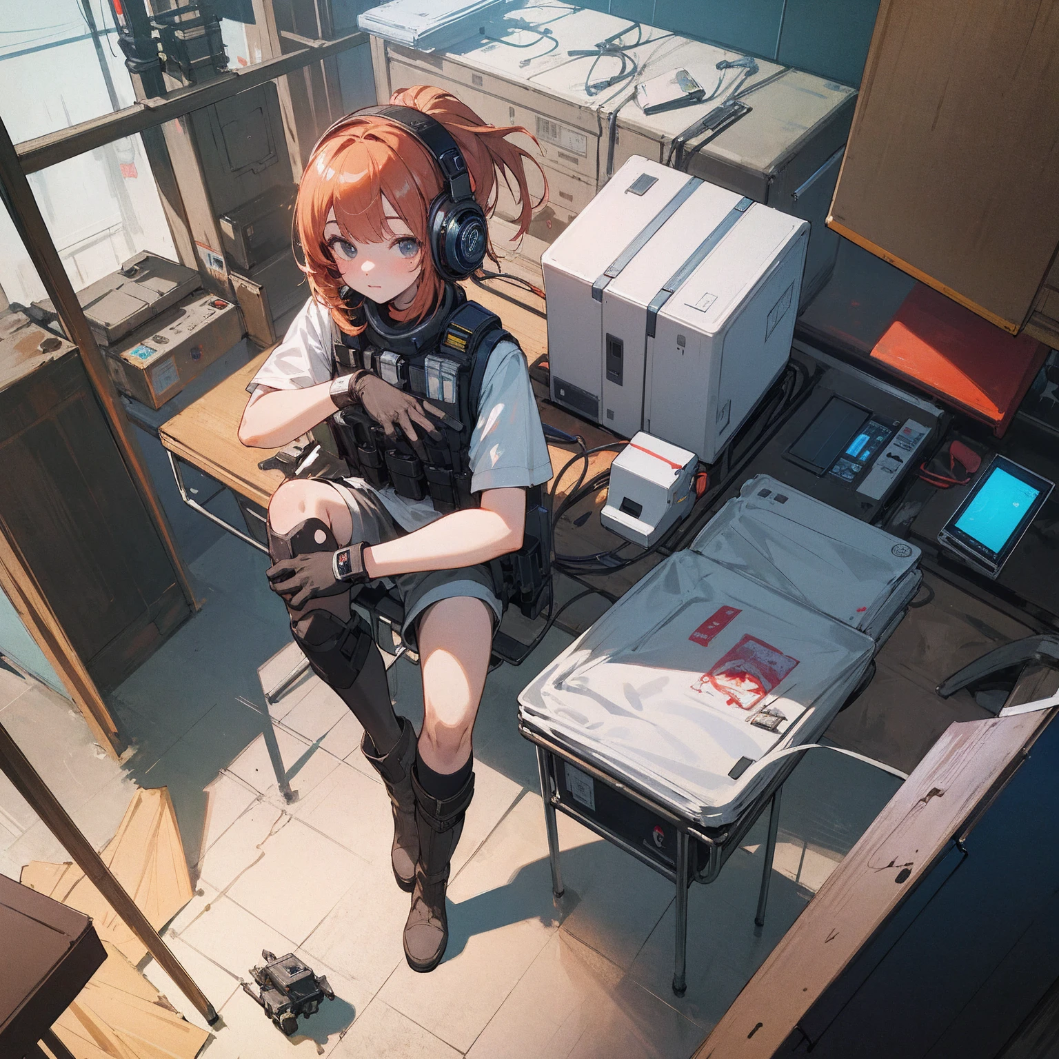 ((high quality)), ((masterpiece)), 8k, Two Girls, Bulletproof vest, light, Highly detailed CG Unity 8k wallpaper, Game CG, View Viewer, gloves, boots, whole body, clock, computer, mask, Drone, Have a weapon, Headphones,
