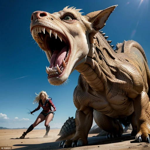 Margot Robbie screaming in fear crawling away from a dragon, the dragon is riding on her back, scene seen from the front, hyper-realistic