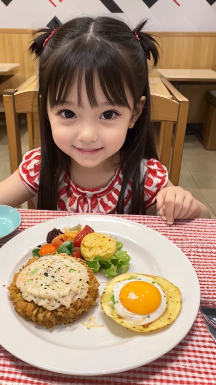 (8k, RAW photo, best quality, masterpiece:1.2), High detail RAW color photo, professional photograph, (realistic, photo realistic:1.37), ((best quality)),(a very beautiful and very cute  girl),(the girl is 5 years e girl looks happy when she sees a rectangular lunch plate for  on a table),(the lunch plate places on a single cute patterned plate with small separate servings of hamburg steak and spaghetti and omelette and salad and fried rice with a toothpick shaped like the Japanese flag and pudding),at a family restaurant,