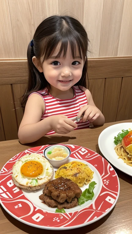 (8k, RAW photo, best quality, masterpiece:1.2), High detail RAW color photo, professional photograph, (realistic, photo realistic:1.37), ((best quality)),(a very beautiful and very cute ),(the girl is 5 years oldl looks happy when she sees a rectangular lunch plate for on a table),(the lunch plate places on a single cute patterned plate with small separate servings of hamburg steak and spaghetti and omelette and salad and fried rice with a toothpick shaped like the Japanese flag and pudding),at a family restaurant,