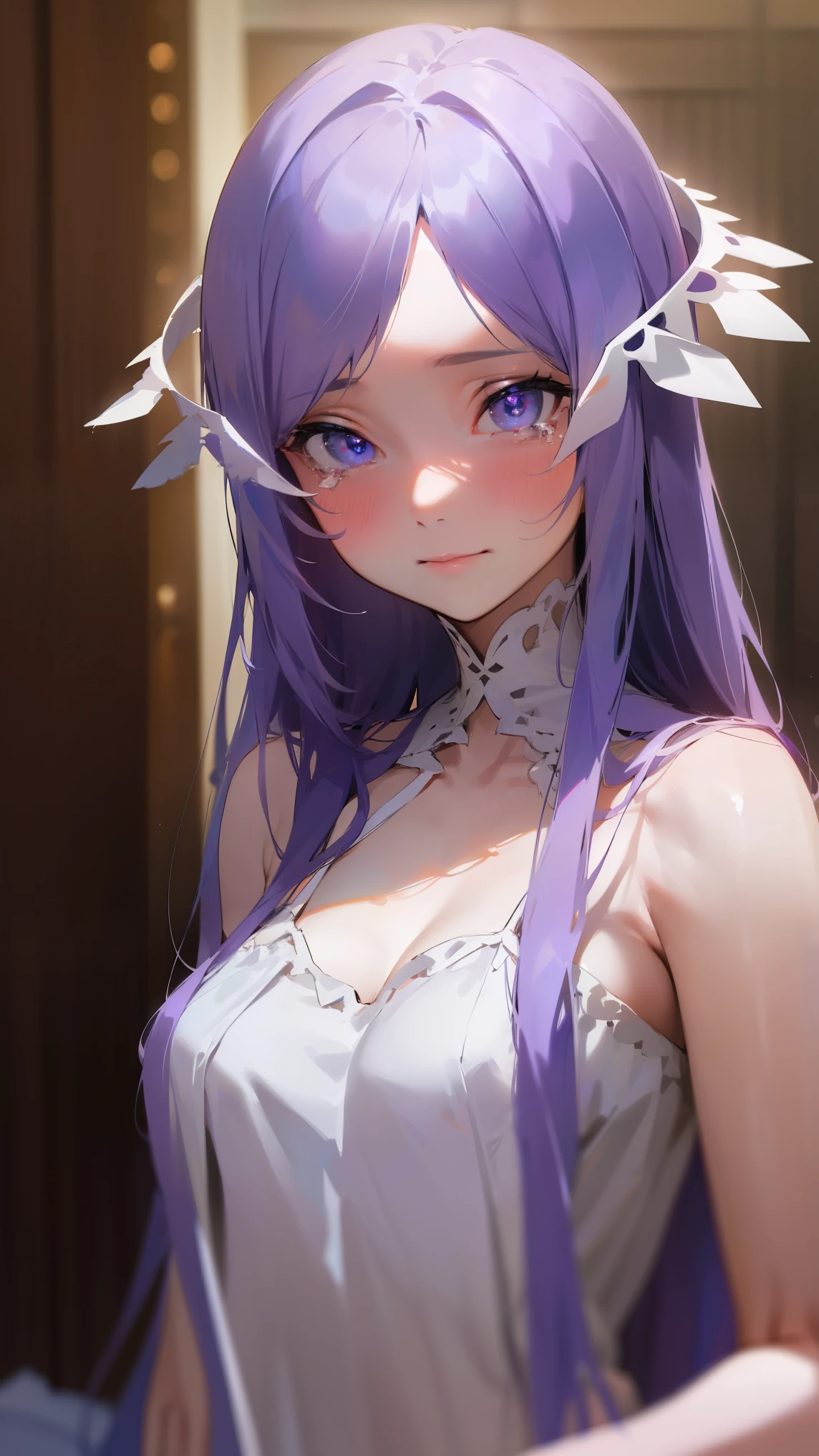 quinella, quinella, absurdly long hair, (purple eyes:1.1), long hair, parted bangs, purple hair, very long hair, hair ornament,medium breast,
BREAK (night gown, bare hands:1.2),
BREAK looking at viewer, blushing, little smile, tears,indoor, bedroom, standing, dizzy, mid-chest, night atmosphere,upper body, focus, blurry background,
BREAK (masterpiece:1.2), best quality, high resolution,NSW ,unity 8k wallpaper, (illustration:0.8), (beautiful detailed eyes:1.6), extremely detailed face, perfect lighting, extremely detailed CG, (perfect hands, perfect anatomy),