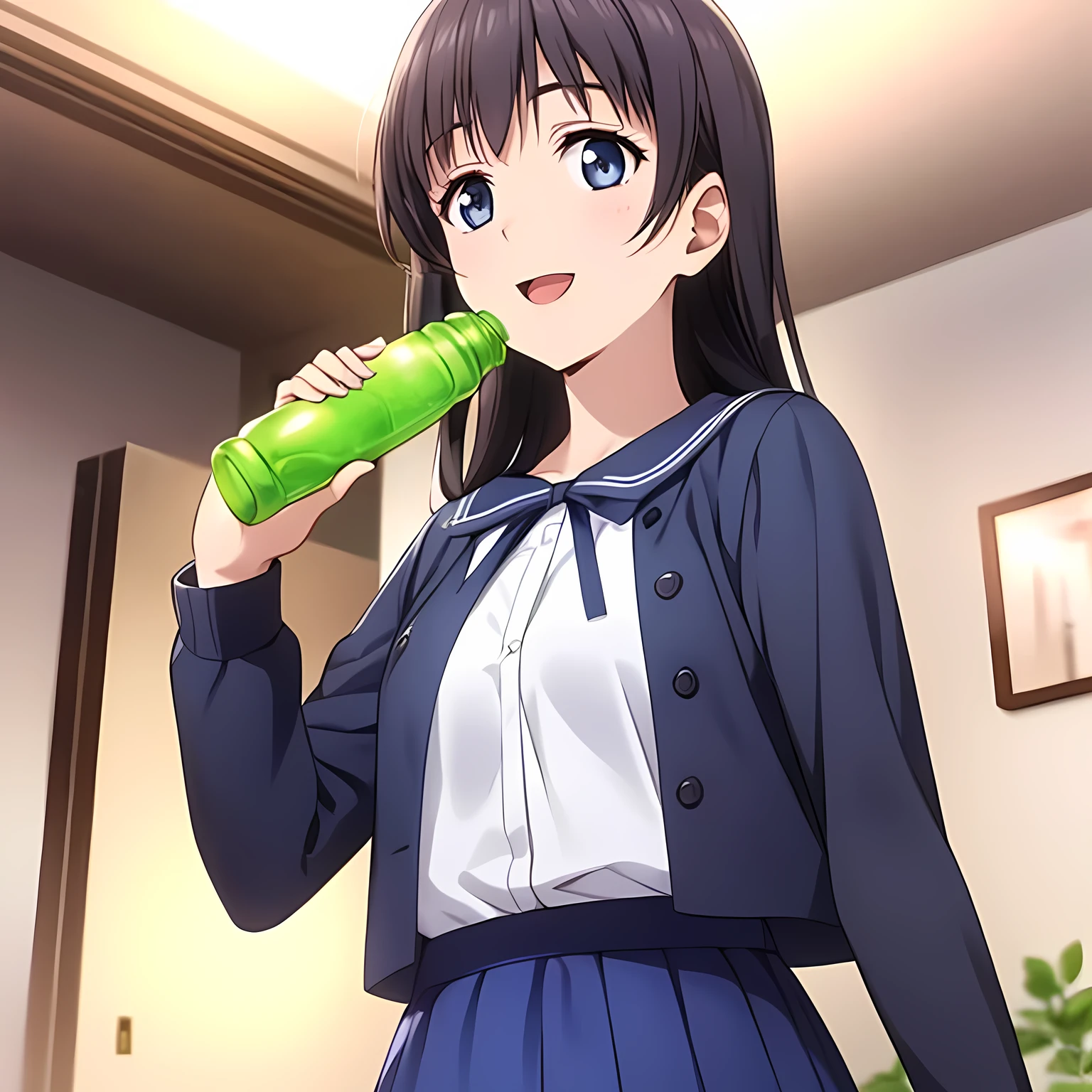 (highest quality, masterpiece:1.2), highest quality, High resolution, 1080p, 8K, Game heroine CG, Height: 158cm, ((A beautiful game heroine is drinking juice from a plastic bottle)), A face that everyone loves, Glossy lips, Even bangs, Double, Long eyelashes on both the top and bottom, Smiling blue eyes, The very large and thick yellow ribbon bowtie is very cute., ((Black Hair)), Beautiful, shiny, long black hair, ((A long, neat, dark navy pleated skirt)), (((A long-sleeved navy blue sailor uniform for winter, all dark blue in color))), ((Navy blue jacket)), Smiling, slightly open mouth like a game heroine, Ribbon in hair, Tight waist, The background is a blank white space, ((Blur the background))