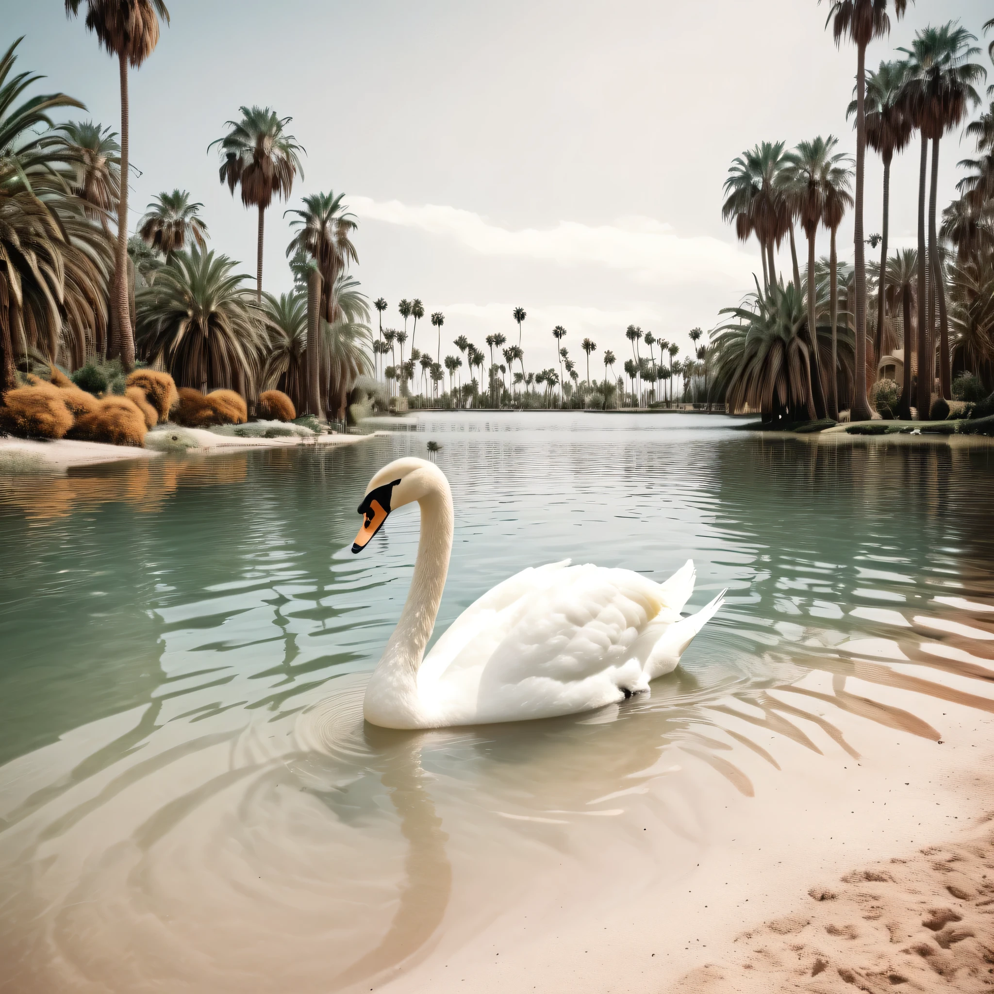 vintage style swan in a lake with palm trees and sand