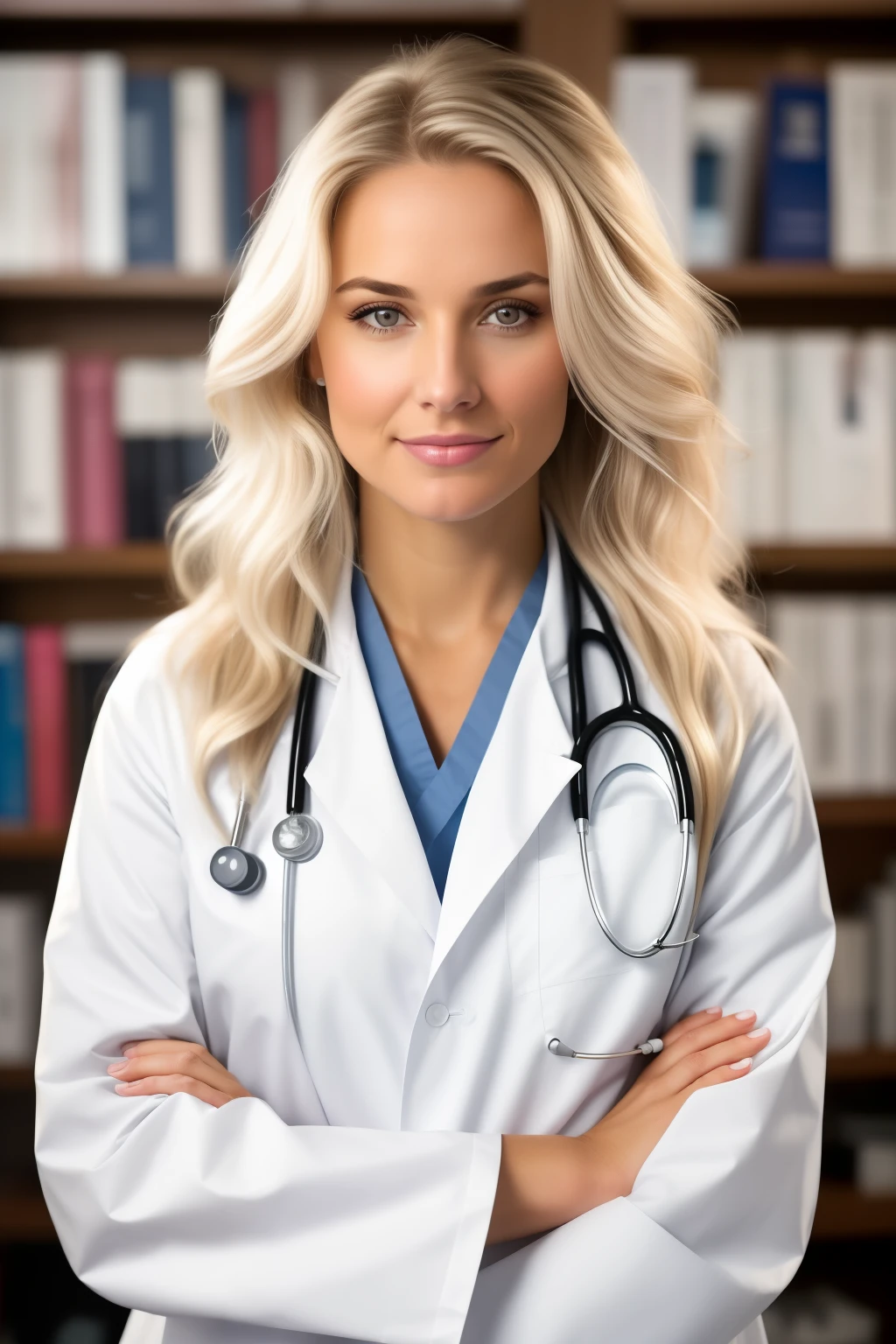 A close-up photo of an American female doctor in a medical office. Hair extensions, She is wearing a white lab coat with a stethoscope draped around her neck. The background features a well-organized medical office with bookshelves, medical equipment, and certificates on the wall, creating a professional atmosphere. The doctor has a warm and approachable expression, with straight blonde hair styled neatly. The image is in high definition with clear lighting and no shadows, highlighting every detail of her face and lab coat.