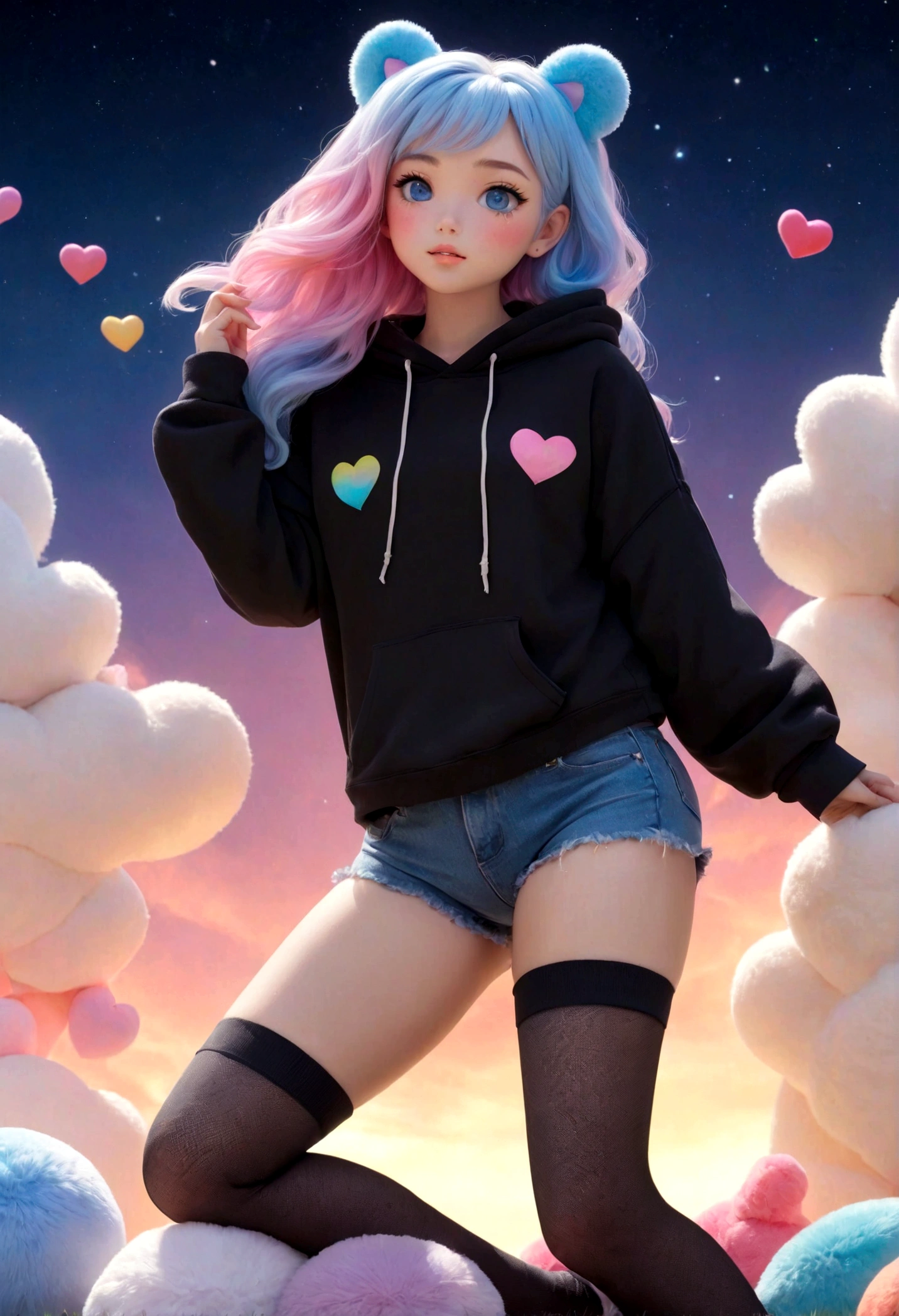 a cute adult, wearing a loose cropped oversized black hoodie, wearing a pair of denim short shorts and fishnet stockings, thick thighs, wide hips, relaxing on mound of fluffy multi colored kawaii plushies, short, very slim, showing slender tummy, stretching out, heart on hoodie, squishy thighs, has glowing blue eyes. alone, solo (ALONE)(SOLO), surrounded by rainbows, colorful galaxy backround