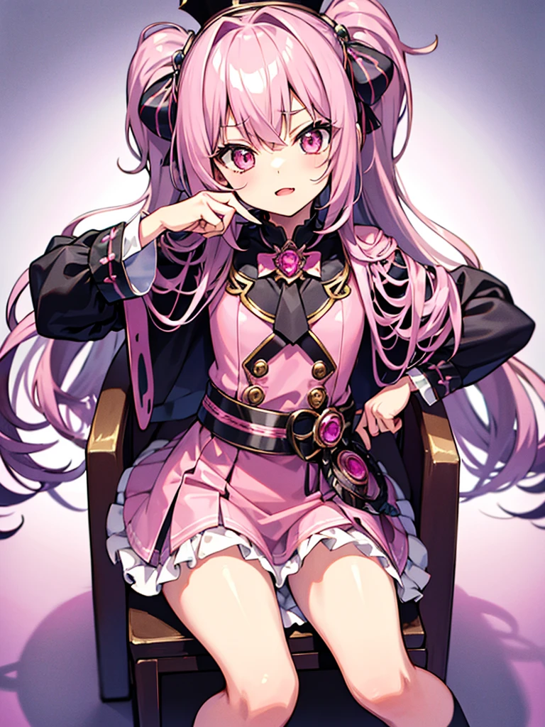 hyper cute shota,sit on throne,skirt,silver-drill-hair with pink-metal-crown,mischievous,gyaru style clothes,