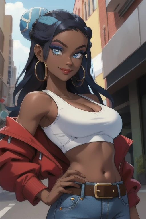 masterpiece, best quality, (Detailed face:1.2), (Detailed eyes:1.2), solo, 1girl, nessacasual, dark skin, makeup, smile, looking at viewer, standing, opened red jacket, white tank-top, ((midriff)), medium breasts, cleavage, tight blue denim pants, belt, hoop earrings, looking at viewer, standing, holding a poke ball, outdoors, city street