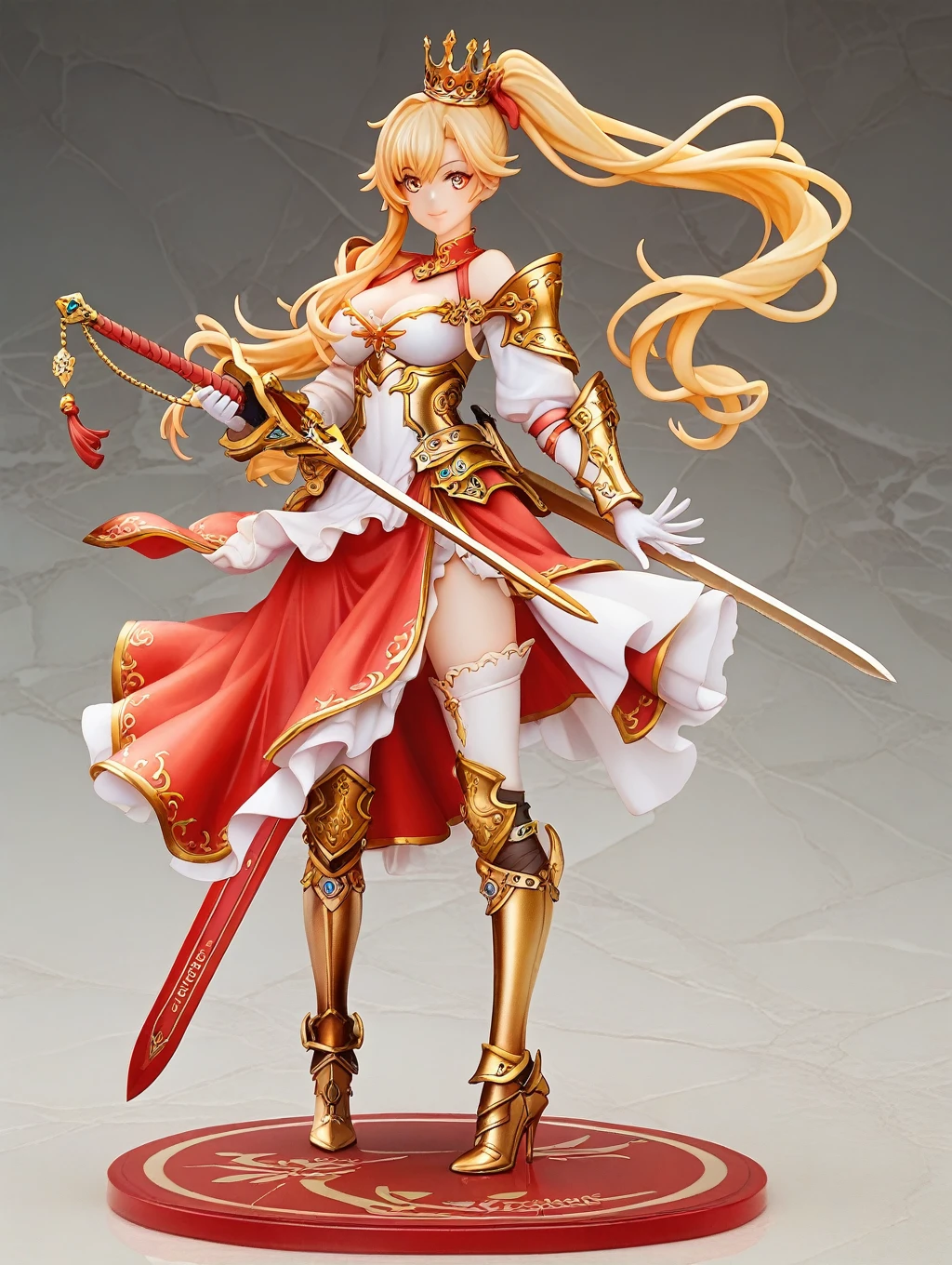 score_9, score_8_up, score_7_up, source_anime,masterpiece, best quality, high resolution, extremely detailed CG, absurdres, 1girl, solo, a girl in armor and a smaill crown holding a large sword, white_armor, golden_decoration, ((red_dress)), off-shoulder, thighhighs, long hair, side_ponytail, blond hair, leg armor, cleavage, small_crown, gloves, armor, white_gloves, high heels, off-shoulder armor, :), ((ornamental armor)),((large sword)), (extremely detailed eyes:1.3), (((perfect face)))