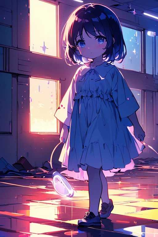 masterpiece best quality anime style 4k cry tearful face((((5years old 2girls walk with hand on flashlight))))(midnight with night Sky)(((5years old 2girls in Abandoned school building test of courage)))(midnight with night Sky