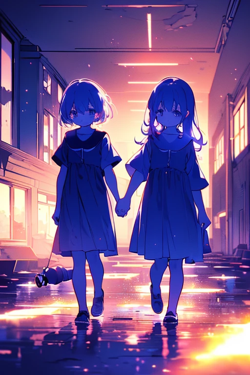 masterpiece best quality anime style 4k cry tearful face((((5years old 2girls walk with hand on flashlight))))(midnight with night Sky)(((5years old 2girls in Abandoned school building test of courage)))(midnight with night Sky
