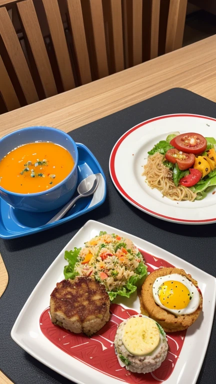 (8k, RAW photo, best quality, masterpiece:1.2), High detail RAW color photo, professional photograph, (realistic, photo realistic:1.37), ((best quality)),(a very beautiful and very cute little girl),(the girl is 5 years old),(the girl looks happy when she sees a rectangular lunch plate for on a table),(the lunch plate places on a single cute patterned plate with small separate servings of hamburg steak and spaghetti and omelette and salad and fried rice with a toothpick shaped like the Japanese flag and pudding),at a family restaurant,
