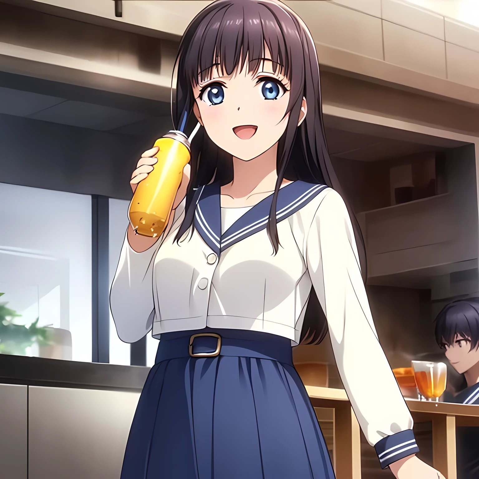 (highest quality, masterpiece:1.2), highest quality, High resolution, 1080p, 8K, Game heroine CG, Height: 158cm, ((A beautiful game heroine is drinking juice from a plastic bottle)), A face that everyone loves, Glossy lips, Even bangs, Double, Long eyelashes on both the top and bottom, Smiling blue eyes, The very large and thick yellow ribbon bowtie is very cute., ((Black Hair)), Beautiful, shiny, long black hair, ((A long, neat, dark navy pleated skirt)), (((A long-sleeved navy blue sailor uniform for winter, all dark blue in color))), ((Navy blue jacket)), Smiling, slightly open mouth like a game heroine, Ribbon in hair, Tight waist, The background is a blank white space, ((Blur the background))