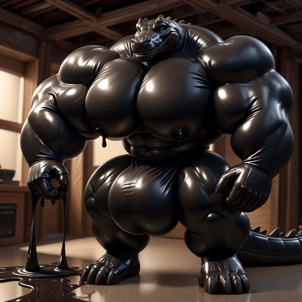 ), jeans,,solo,unreal engine,perfect light,detailed, photorealistic, 4k, hd, good anatomy, high quality, best quality, concept art, photorealistic, (very hyper muscles:1.1)(hyper pecs:1.2)(long thick thighs:1.3)(Huge bulge:1), (), ,(((liquid_latex, , rubber:1.2),,black latex,goo transformation,(gooey)(cave),Crocodile