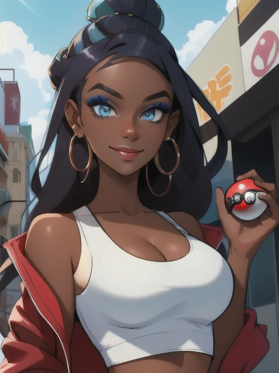 masterpiece, best quality, (Detailed face:1.2), (Detailed eyes:1.2), solo, 1girl, nessacasual, dark skin, makeup, smile, looking at viewer, standing, opened red jacket, white tank-top, ((midriff)), medium breasts, cleavage, tight blue denim pants, belt, hoop earrings, (holding a poke ball:1.3). looking at viewer, standing, outdoors, city street 