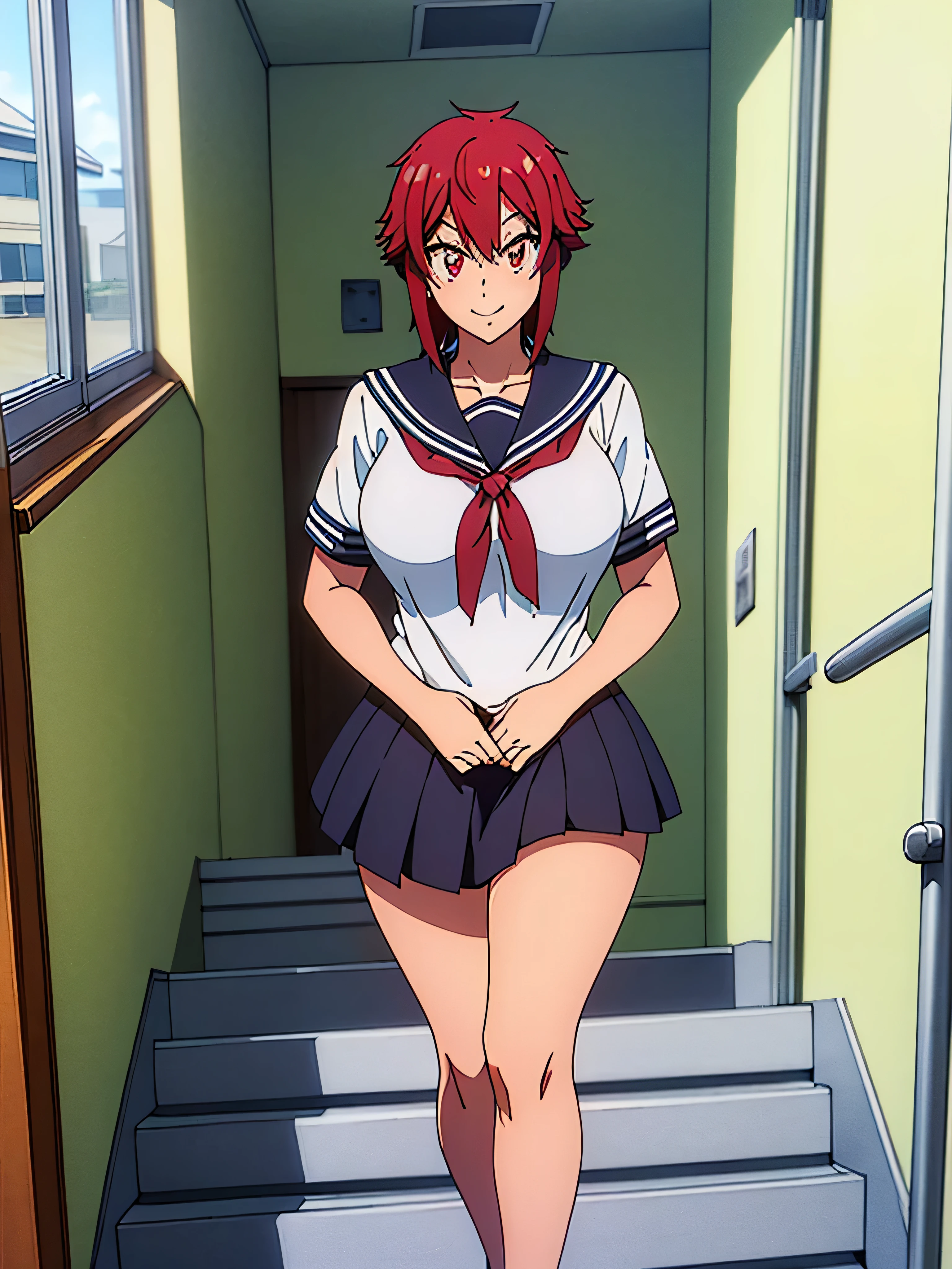 (masterpiece, best quality, ultra HD anime, super high resolution, 1980s /(style/), retro art style, clean brush strokes, very detailed, perfect anatomy, NSFW-14, uncensored), ((Aizawa Tomo)), 1 girl, solo, (red hair, short hair, short hair with flipped out hair, thick bangs parted in the middle, long thick sideburns, hair blowing in the wind), beautifully cut eyebrows, (beautiful eyes drawn in detail), red eyes, mouth wide open, smiling, cowboy shot, (big breasts: 1.3, (sailor suit, short sleeves)), thin waist: 0.4, wide hips 0.5, (medium skirt: 1.0, in school uniform), (sitting on stairs), looking at viewer, (school background, hallway, schoolyard view from hallway window), full body shot, shot from above,