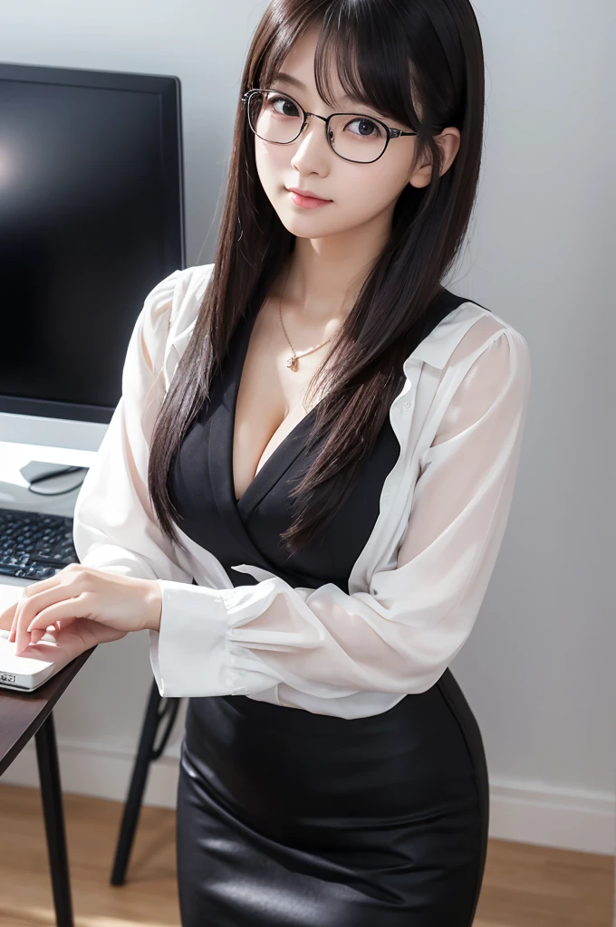 ((top-quality、​masterpiece、photographrealistic:1.4、in 8K))、Beautuful Women１a person、25years old、beautiful hairl、delicate and beautiful face、Eyes and faces with detailed 、(Modern workplace with computer:1.2)、(Shirt:1.2)、(standing:1.2)、A smile、Beautiful lighting、Textured skin、Super Detail、high detailing、High quality、hight resolution、（looking at the viewers）、Detailed mouth、Opening Mouth、full body Esbian、tight skirts、Women at work、Fishnet Stockings、Coffee、window、Women who can work、high-heels, short hair 