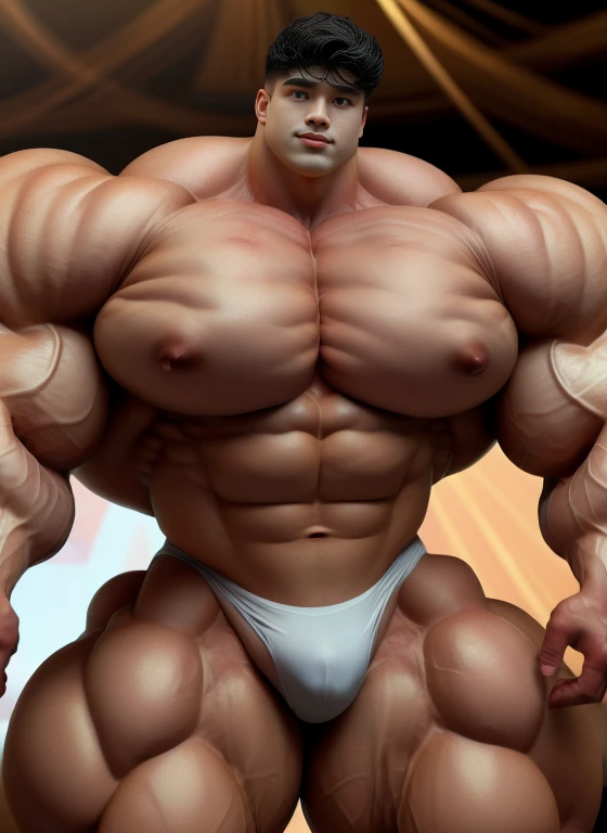 1 masculine boy, short black haircut, ultraheavyweight bodybuilder, staring, at the pageant show with LED stage, strong body, bulk, , wear white triangular underwear, bulge, very big, brutalmass, giant, muscular body, bulk, massive body, large meaty body size, brown veiny skin, big arms, large meaty pecs, wet, rounded muscle, UHD, Realistic, intricate detail, illuminating light