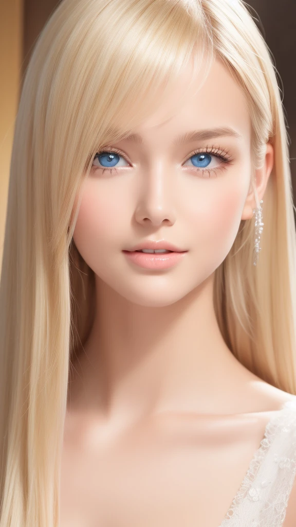 Portrait、A very beautiful blonde woman、25 age, ponytail、Young shiny white skin、Cheek highlight、Very long clear blonde hair、Dazzling blonde highlights、shiny bright blonde hair,、Super long silky straight hair、Shiny beautiful bangs、bangs over eyes、Large, light blue eyes like sparkling jewels、A very beautiful, lovely and cute 16 year old girl、Ample Bust、Round face