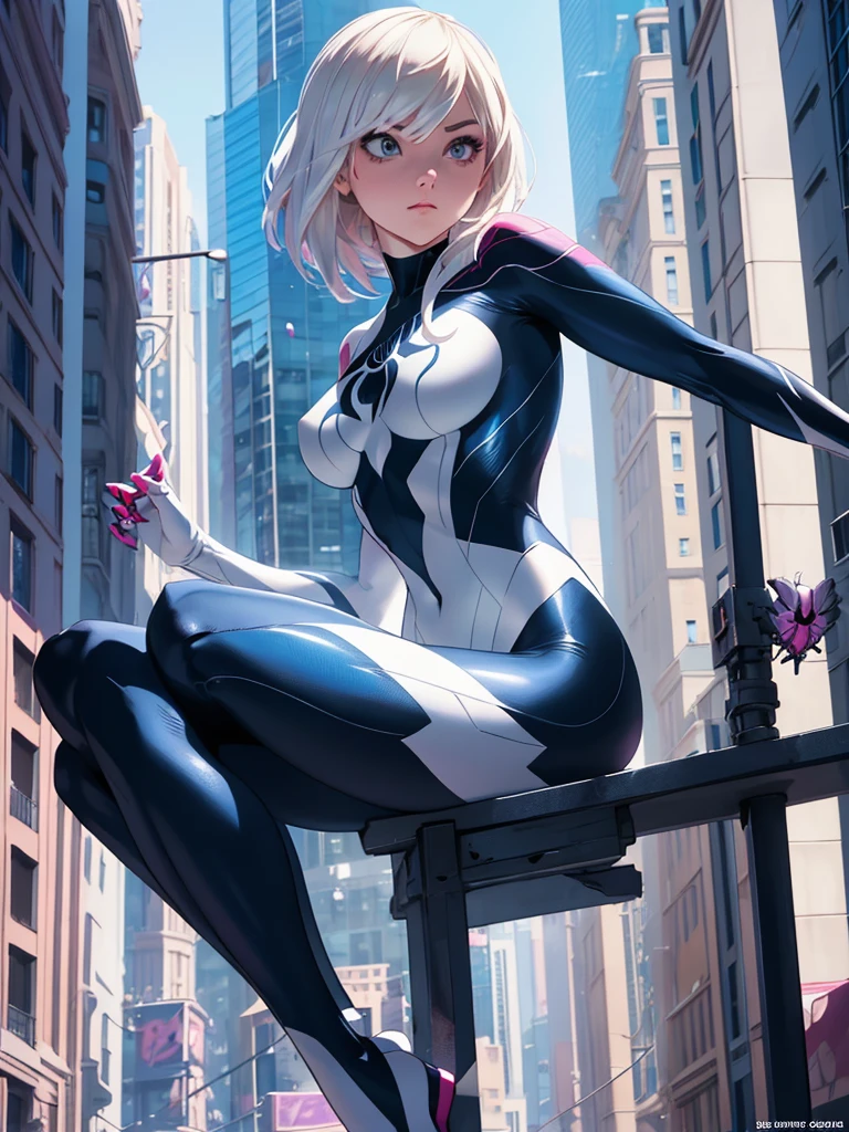 A beautiful and heroic spider girl Gwen Stacy, incredibly detailed facial features, huge breasts, powerful pose, sitting on a building ledge, 8k, ultra-detailed, realistic, photorealistic, sharp focus, vivid colors, dramatic lighting, cinematic composition, comic book style, digital painting