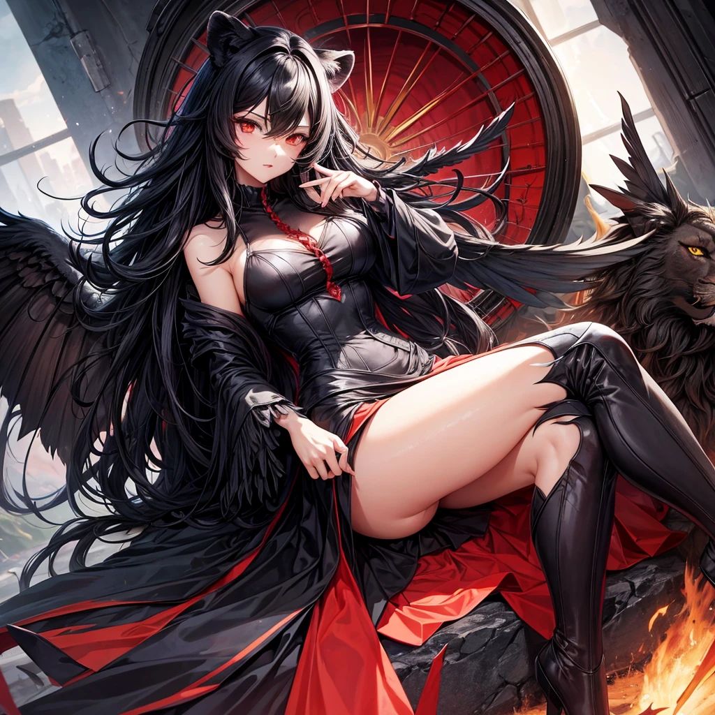 Lion, Black Hair, Red eyes, wing, Very monstrous　woman　Alluring thighs