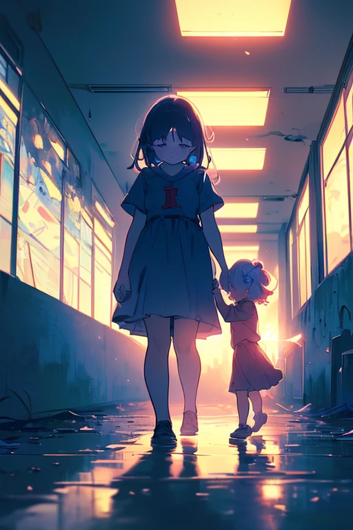 masterpiece best quality anime style 4k cry tearful face((((5years old 2girls walk with hand on flashlight))))(midnight with night Sky)(((5years old 2girls in Abandoned school building test of courage)))(midnight with night Sky