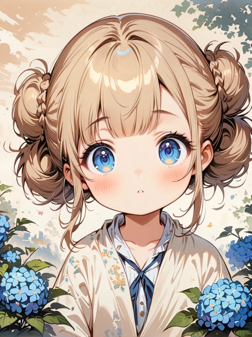 Remove the hydrangea flower,Make it into a golden osmanthus flower。Has a nice scent。hydrangea(masterpiece, best quality:1.2), cartoonish character design,1 girl, alone,big eyes,Cute expression,Two hair buns,Floral shirt,interesting,interesting,Clean linesThe two buns below、Braid it into a long, thin braid and let it hang down.