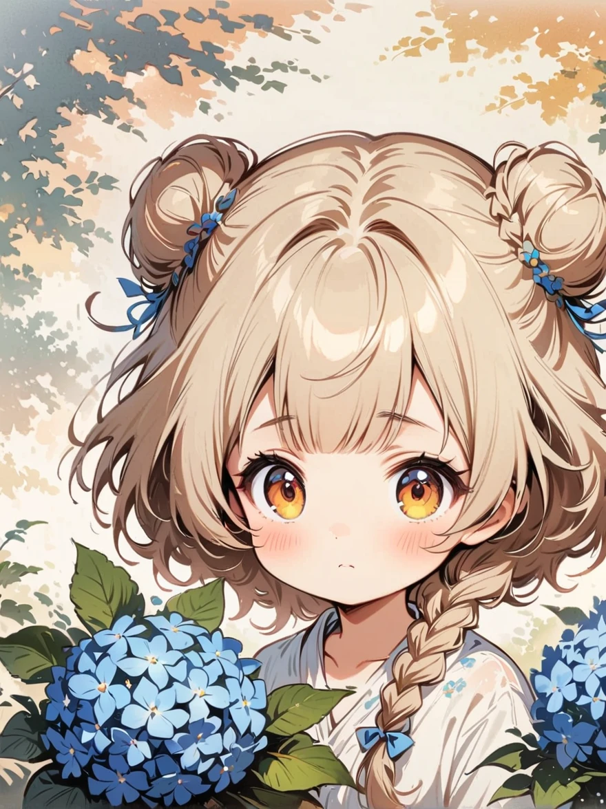 Remove the hydrangea flower,Make it into a golden osmanthus flower。Has a nice scent。hydrangea(masterpiece, best quality:1.2), cartoonish character design,1 girl, alone,big eyes,Cute expression,Two hair buns,Floral shirt,interesting,interesting,Clean linesThe two buns below、Braid it into a long, thin braid and let it hang down.