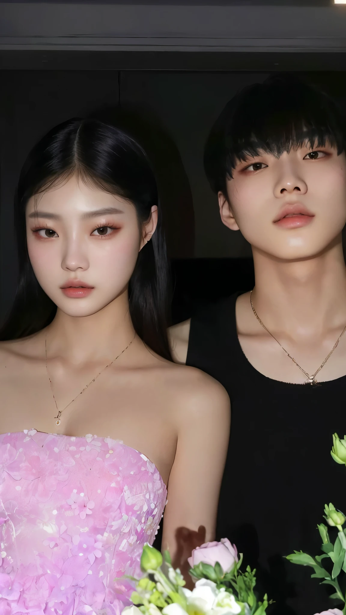 a close up of two people standing next to each other near flowers, taejune kim, yanjun chengt, asian features, joon ahn, & jeehyung lee & wlop, lalisa manobal, blackpink jennie, the hime cut, jaeyeon nam, xision wu, kim jung giu, kim doyoung, leaked image, popular south korean makeup