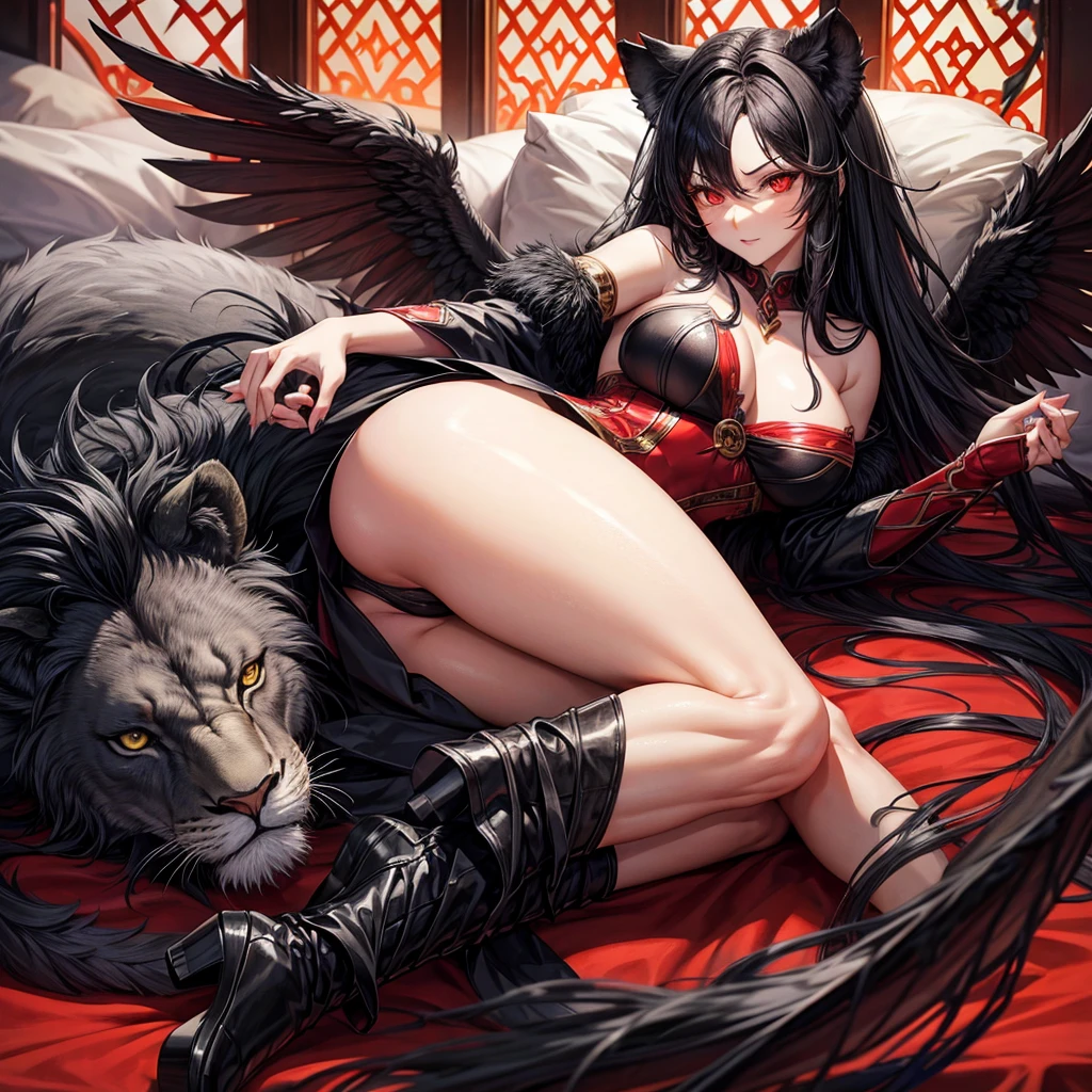 Lion, Black Hair, Red eyes, wing, Very monstrous　woman　Alluring thighs